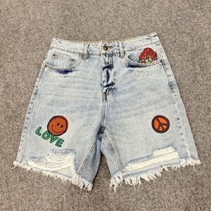 Forever 21 Denim Jean Shorts Women's Size Medium Blue Patches Hippie‎ Boho